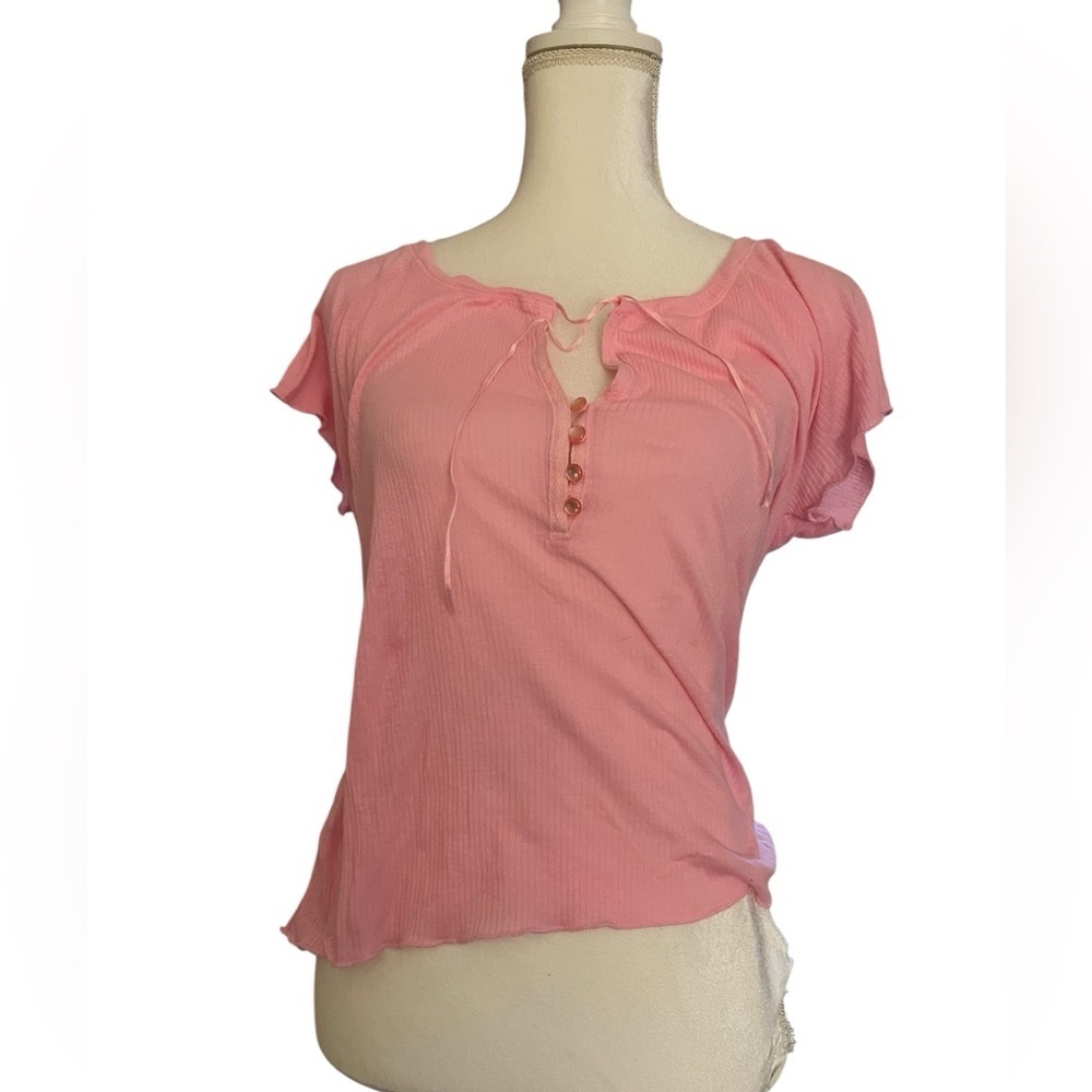 Moda International Pink Tie Front flutter sleeve Buttoned Blouse